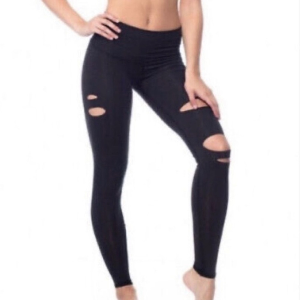 Teeki Harley Ripped Hot Yoga Black Distress Leggings Large